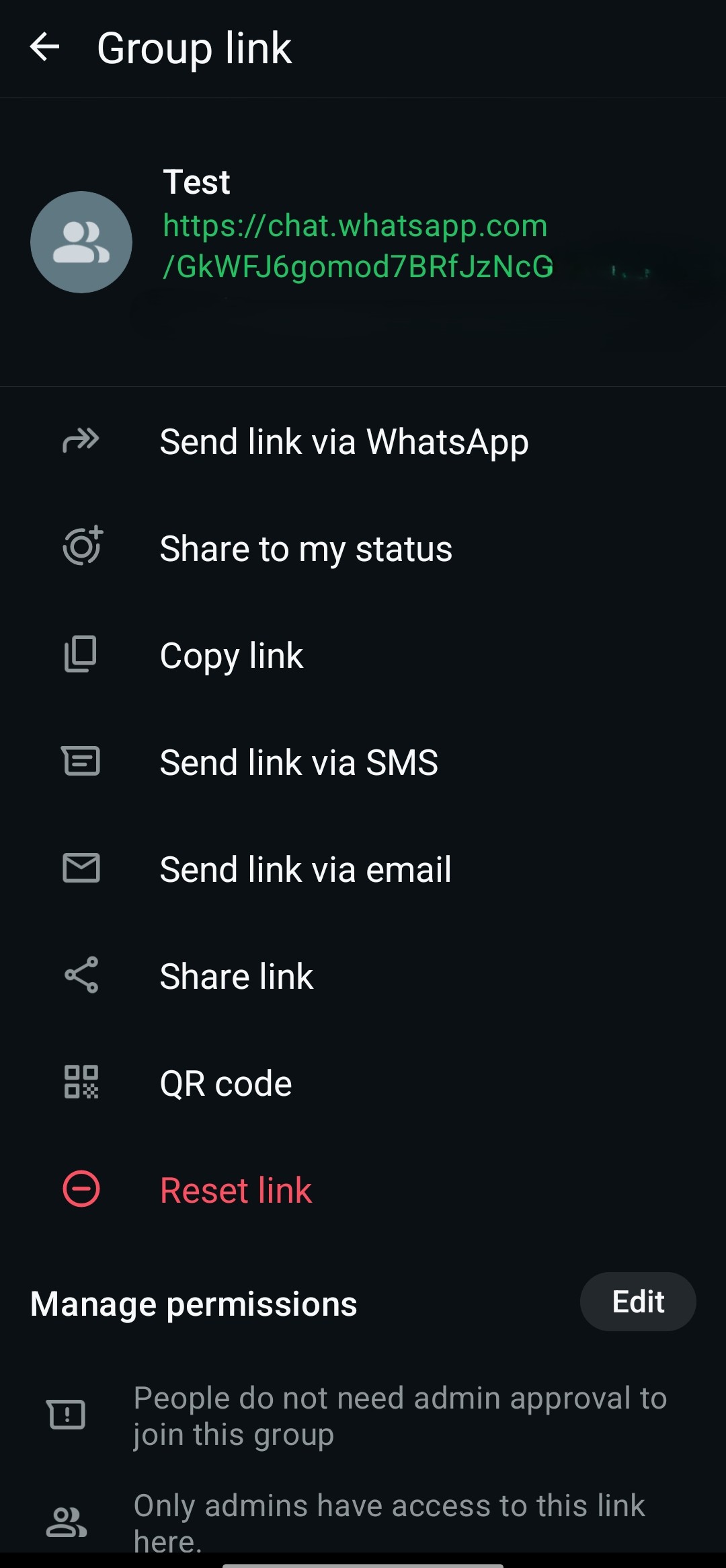 WhatsApp Group's Invite via Link Screen